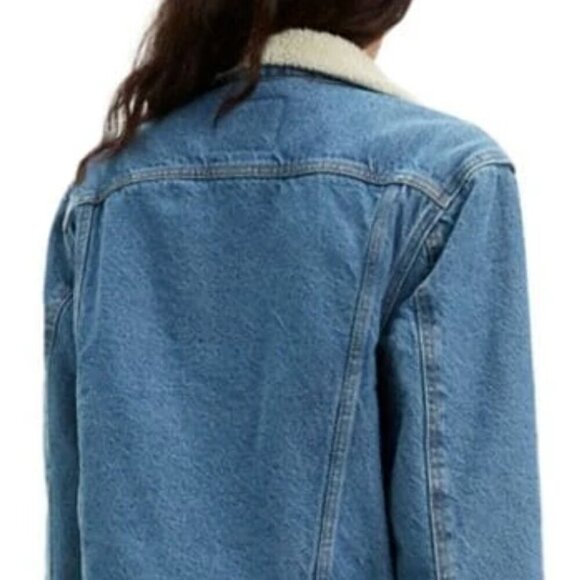 Levi’s Women’s XS Blue Denim Trucker Jacket Faux Shearling Lined Classic Snap Fr - Picture 4 of 5